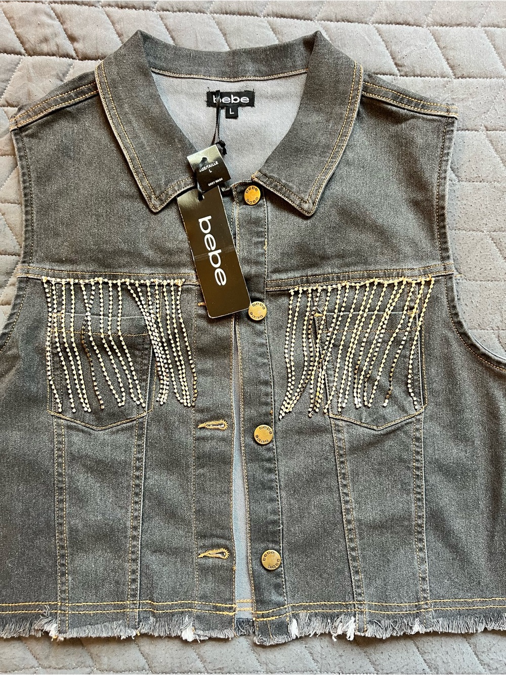 bebe Gray Denim Vest with Rhinestone Fringe and Gold Buttons